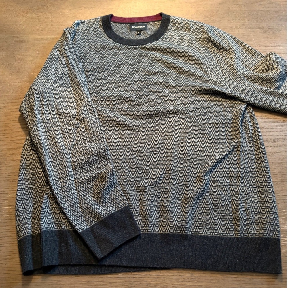 Bonobos Mens XL Grey Black Geometric Knit Lambswool Cashmere Crewneck Sweater